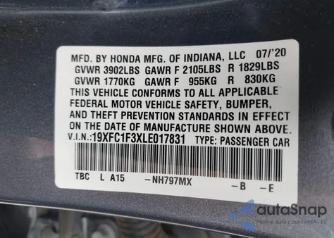 2020 Honda Civic Ex из США, поврежденный, VIN 19XFC1F3XLE017831
